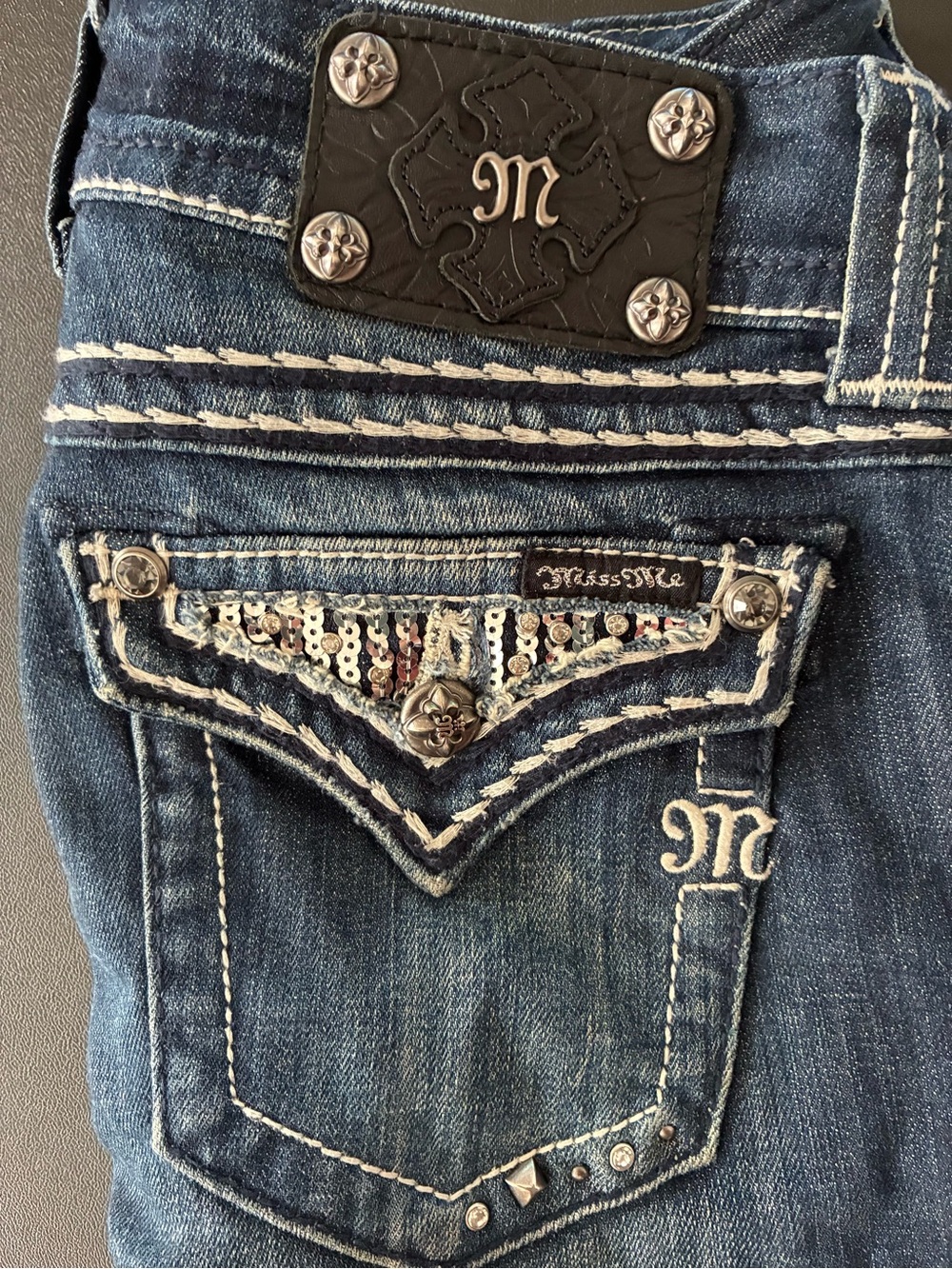 Miss Me Dark Blue Sequined Pocket Bootcut Jeans